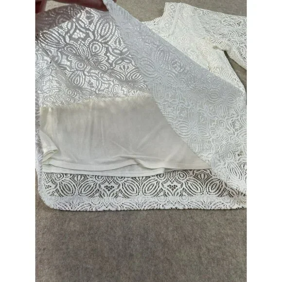 White House Black Market Lined White Lace Top Chiffon Ruffle Sleeves Sze S - Picture 10 of 16